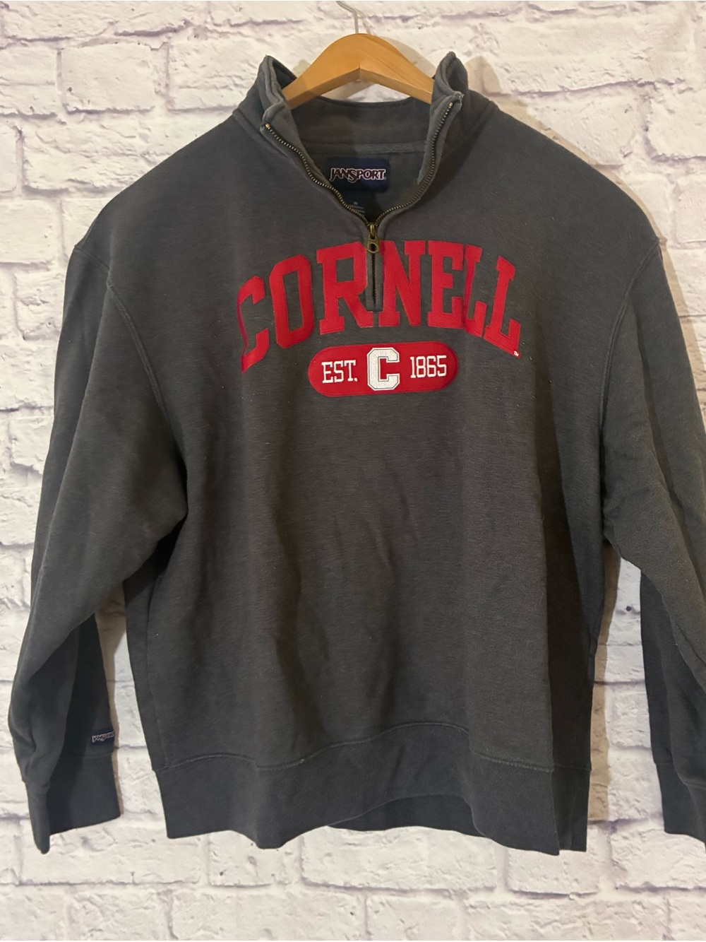 Vintage JanSport Cornell Half-Zip Sweatshirt in Charcoal with Red Logo - XL